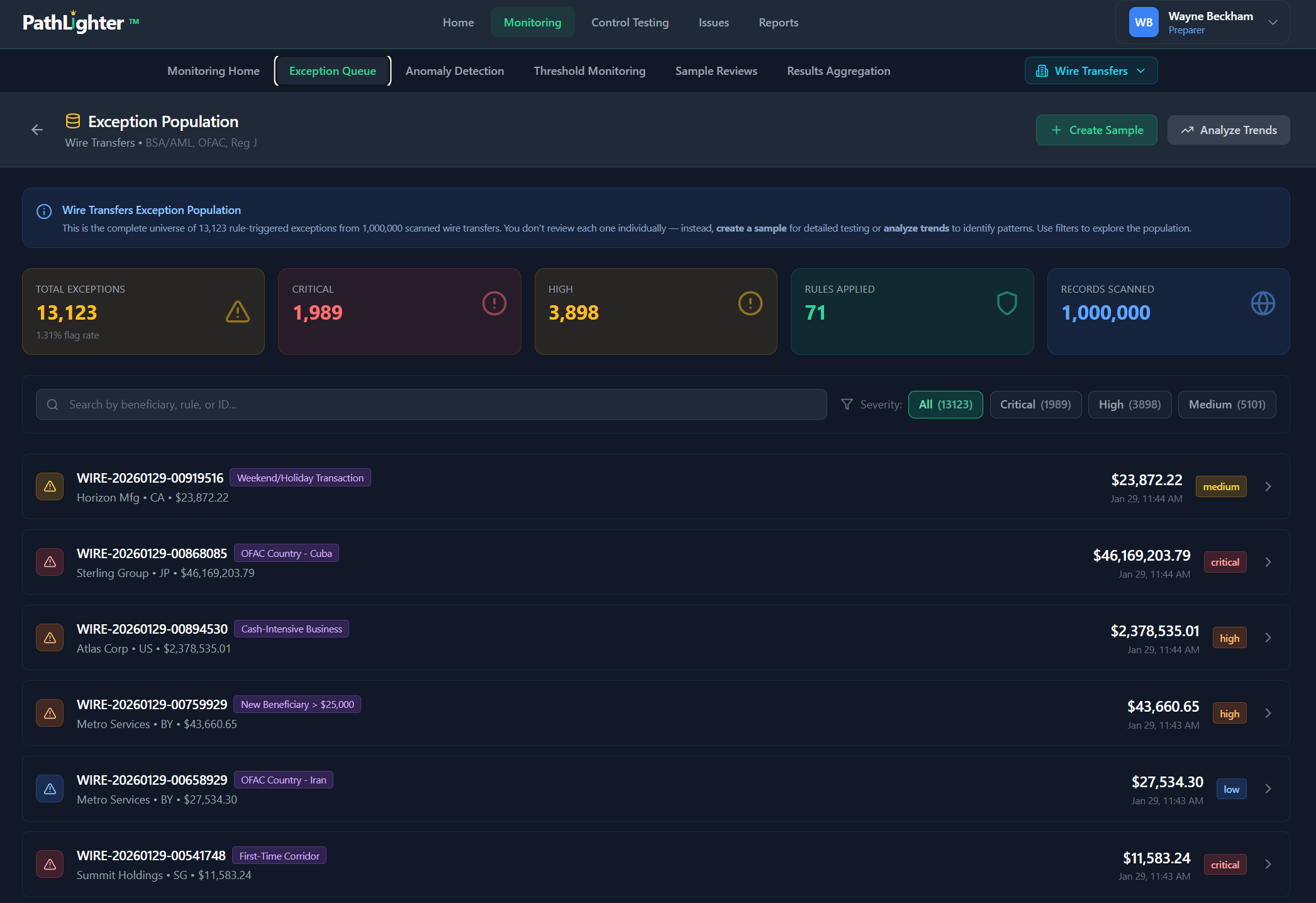 PathLighter Exception Queue — wire transfer monitoring